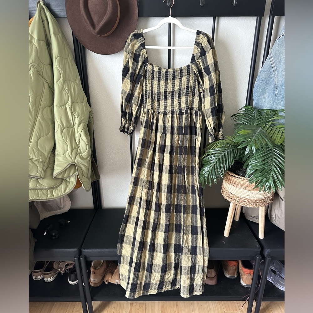 ASOS green black plaid buffalo check puff sleeve cottage core midi dress